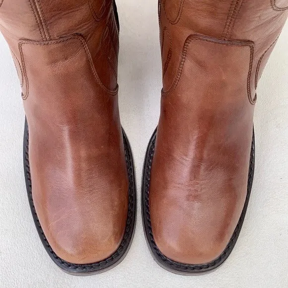 FRYE Vintage Campus Swirl Tan Brown Leather Short Zippered Ankle Bootie Boots