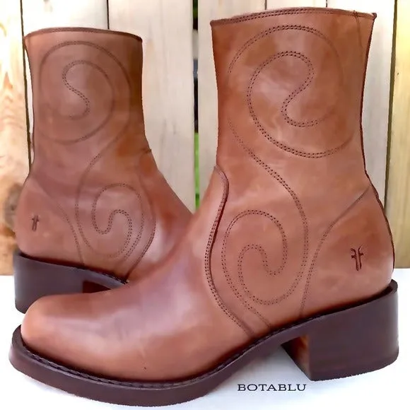 FRYE Vintage Campus Swirl Tan Brown Leather Short Zippered Ankle Bootie Boots
