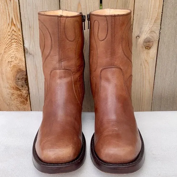 FRYE Vintage Campus Swirl Tan Brown Leather Short Zippered Ankle Bootie Boots