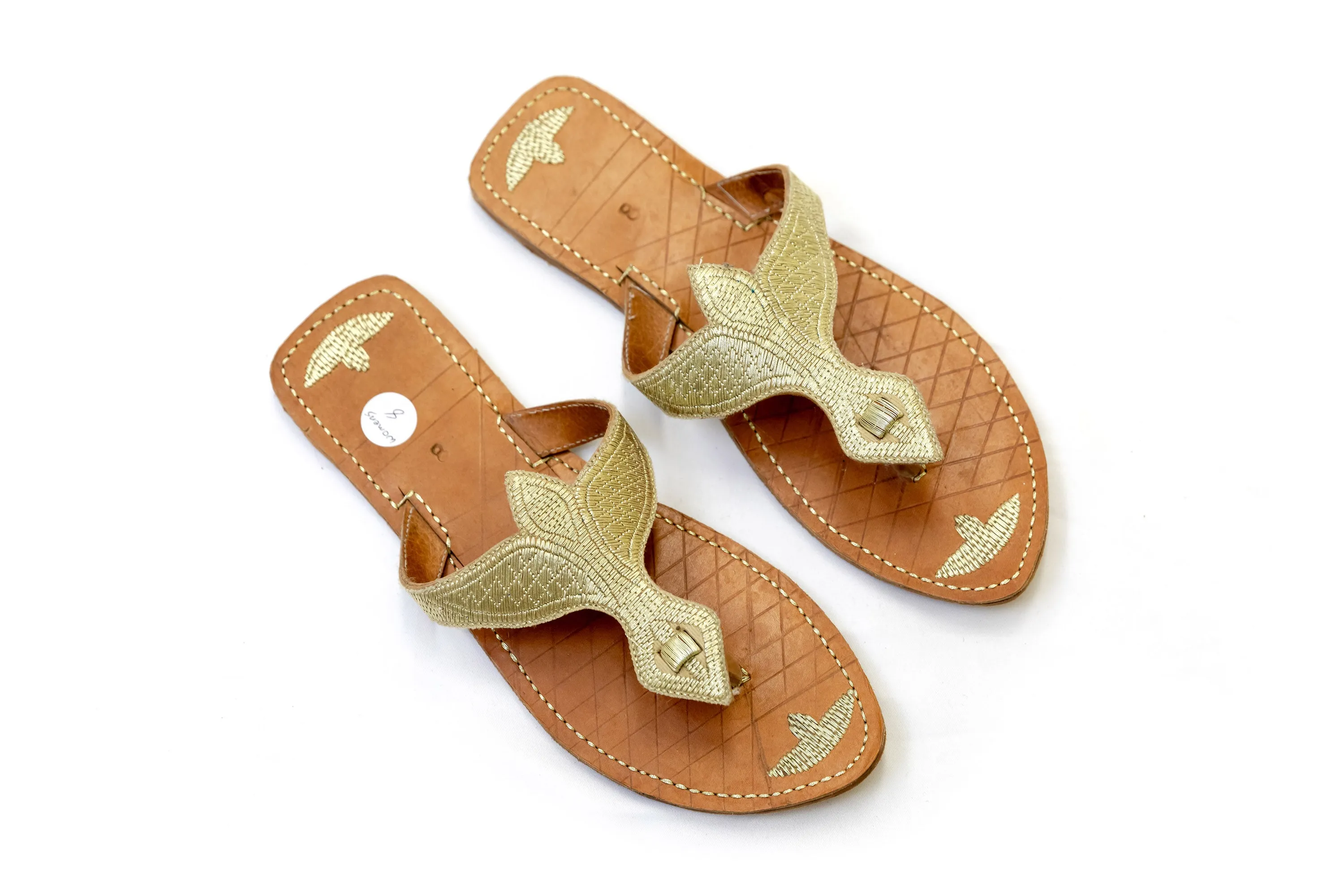 Gold Embroidered Leather Flip Flops