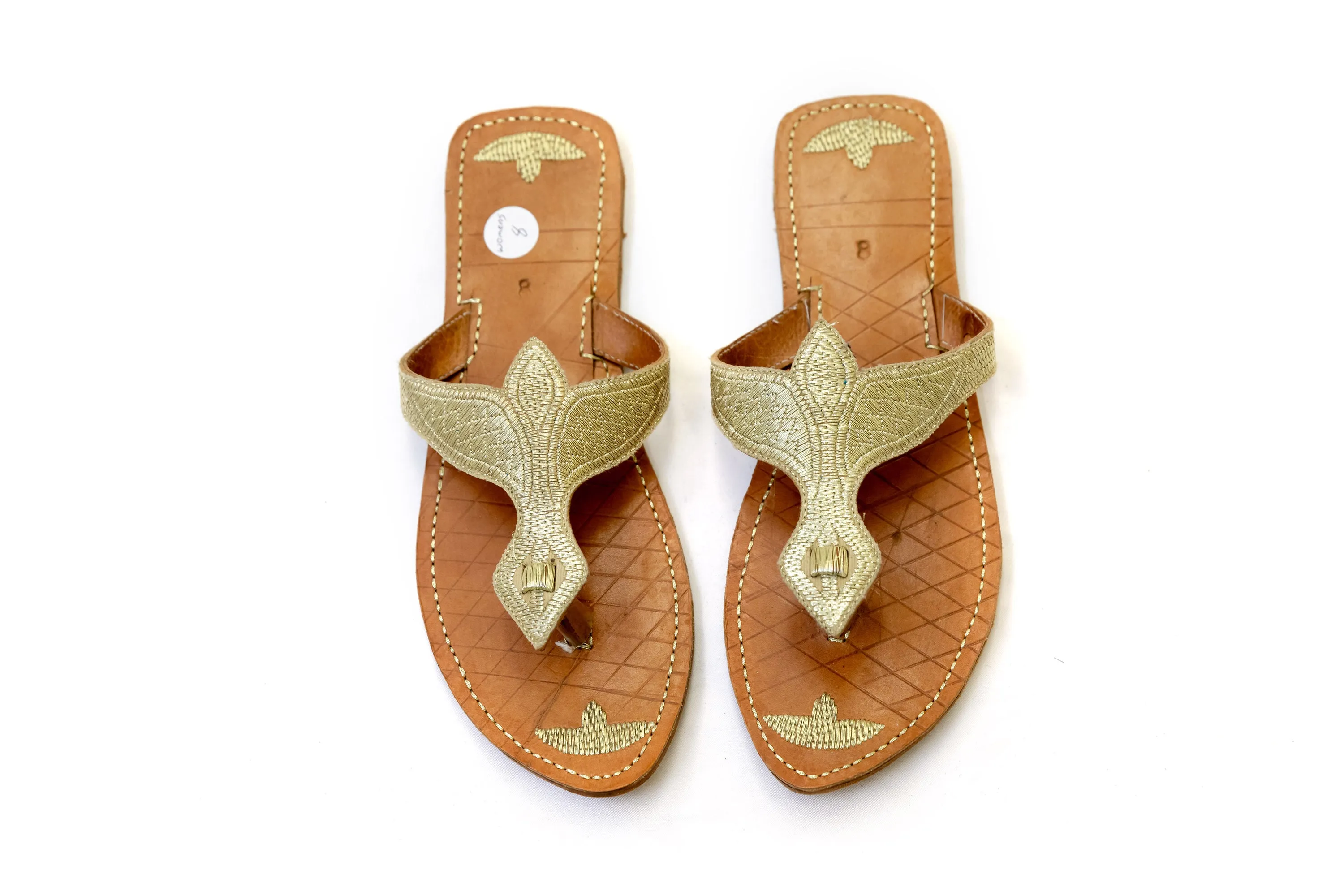 Gold Embroidered Leather Flip Flops