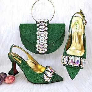 Green Color Women's Hand Bag Matching High Heels African Wedding Party Shoe And Bags Set
