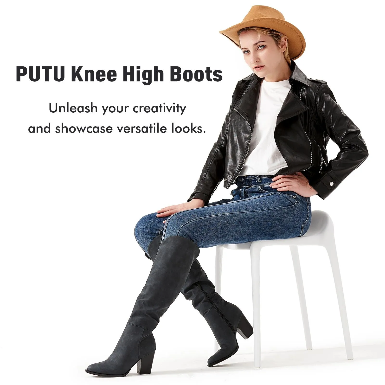 Grey Black Suede Pointed Toe Knee High Boots