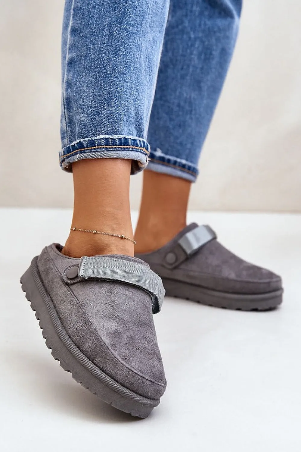 GREY FAUX SUEDE STRAPPY CLOGS SLIP ON MULES SLIPPERS