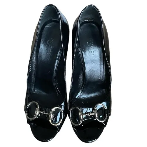 GUCCI Black Patent Leather Tom Ford Era Horsebit Peep Toe Pumps, Size 36.5
