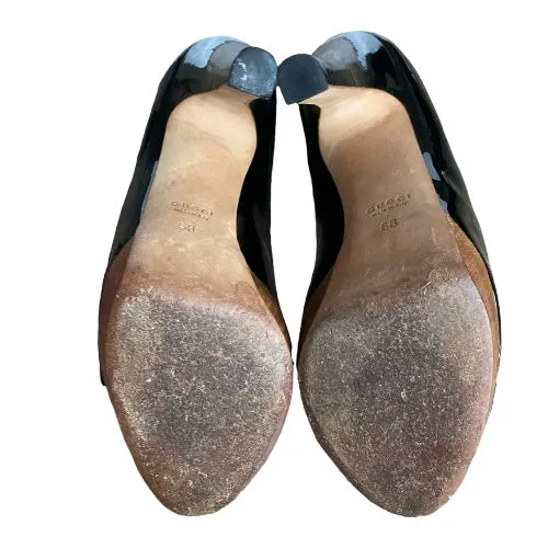 GUCCI Black Patent Leather Tom Ford Era Horsebit Peep Toe Pumps, Size 36.5