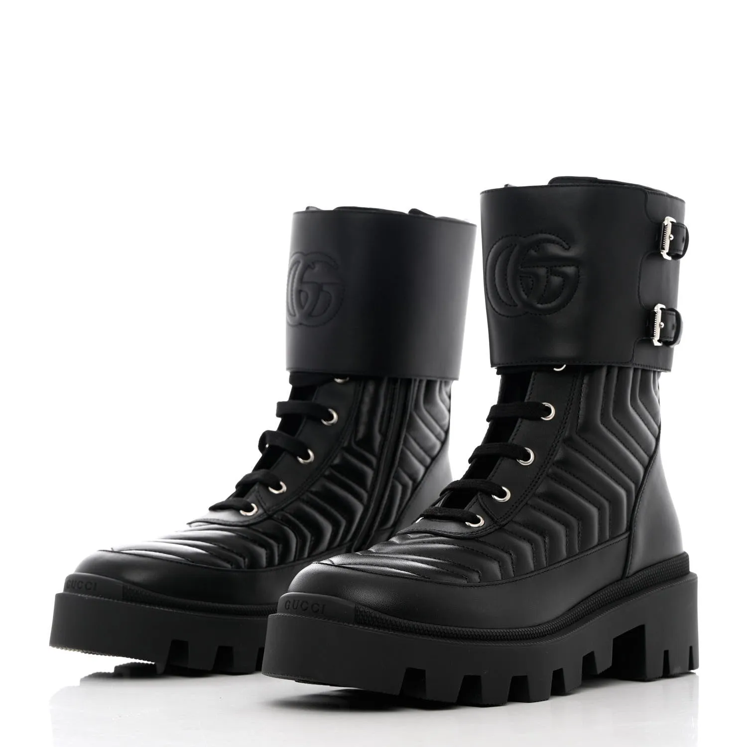 GUCCI GG NAPPA LEATHER FRANCES MATELASSE PLATFORM COMBAT BOOTS