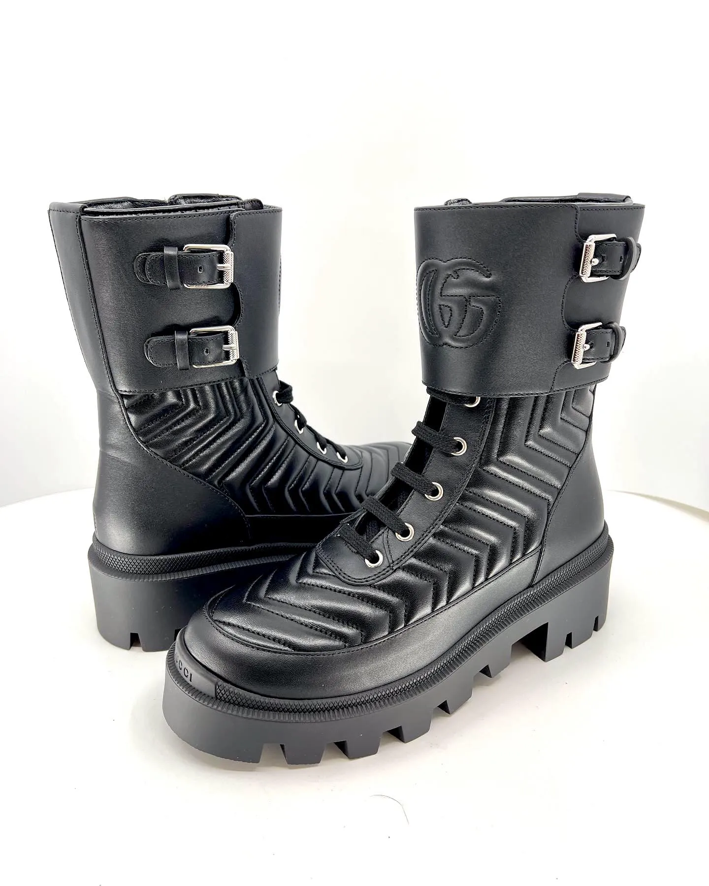 GUCCI GG NAPPA LEATHER FRANCES MATELASSE PLATFORM COMBAT BOOTS
