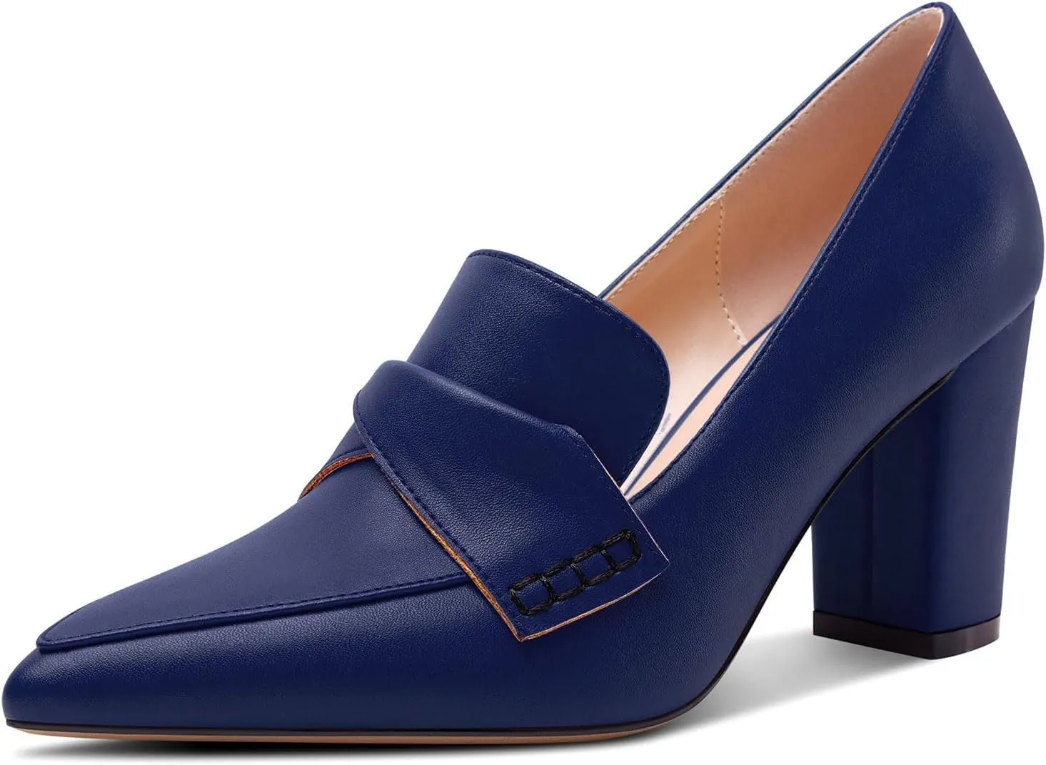HEUIVZAR Womens Chunky Block Mid Heel Pumps Pointed Toe Slip-on Loafers Shoes Dress Office Casual 3.2 Inches Heels