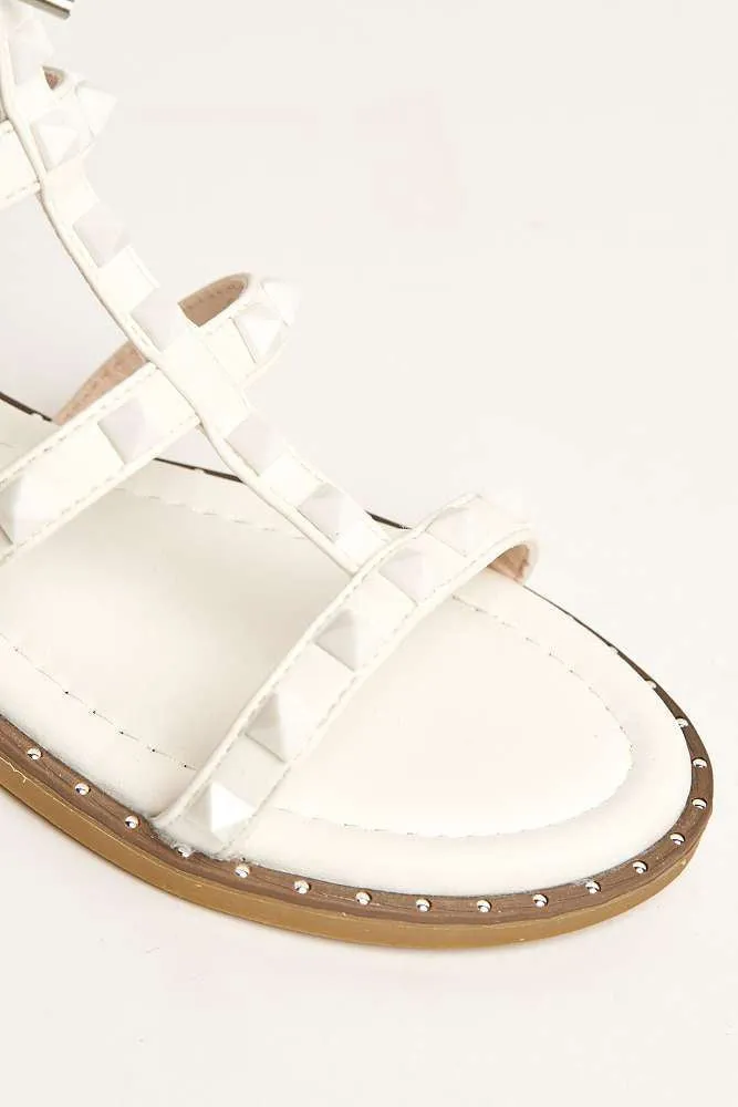 Hira Anklestrap Studded Gladiator Flat Sandals in White