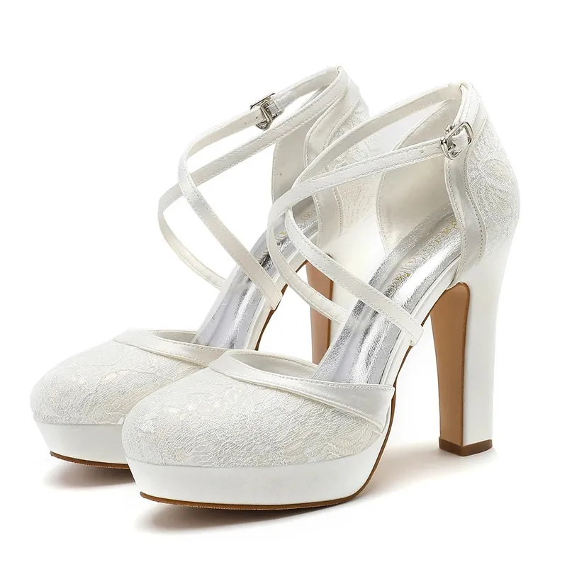 Hnzxzm 2024 New Banquet Silk Nylon lace Women's Shoes Round Toe Summer High Heels Covered Toe Back Strap Platform Rough Sandals