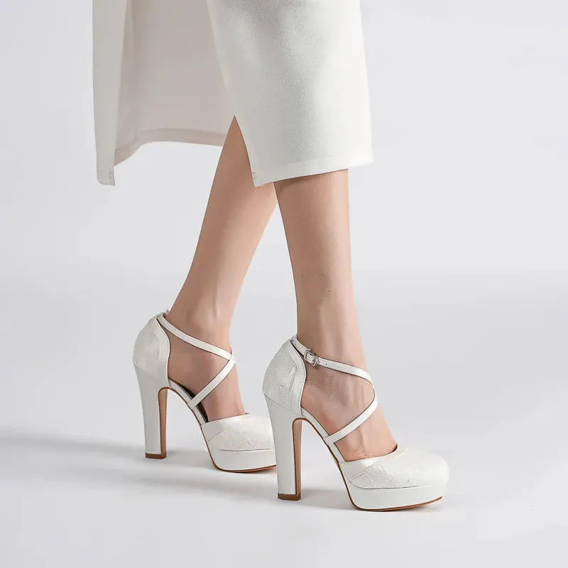 Hnzxzm 2024 New Banquet Silk Nylon lace Women's Shoes Round Toe Summer High Heels Covered Toe Back Strap Platform Rough Sandals