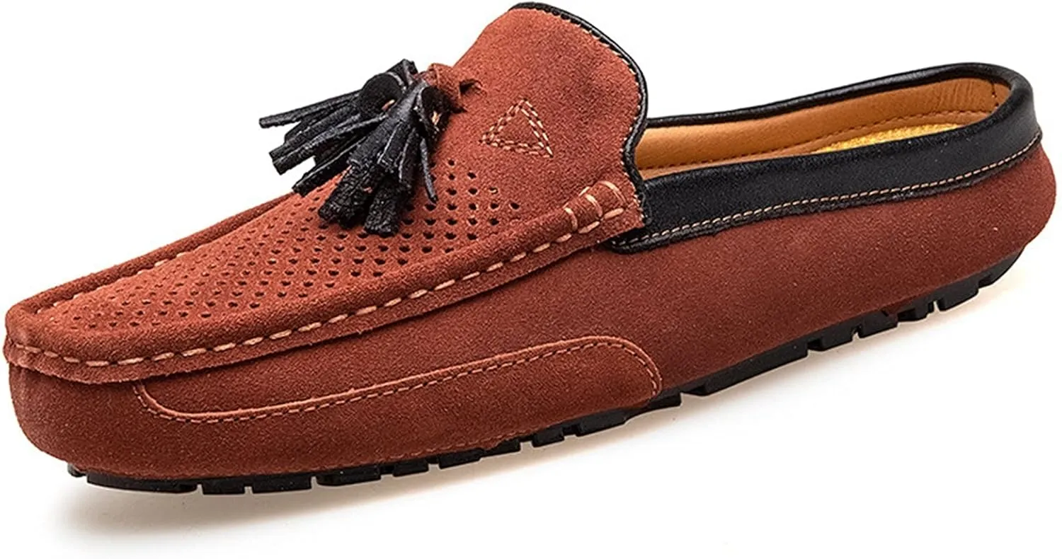 HOOENG Driving Moccasins for Men Genuine Leather Tassel Stitching Details Perforated Breathable Mule Loafer Resistant Flexible Soft Walking Slip on