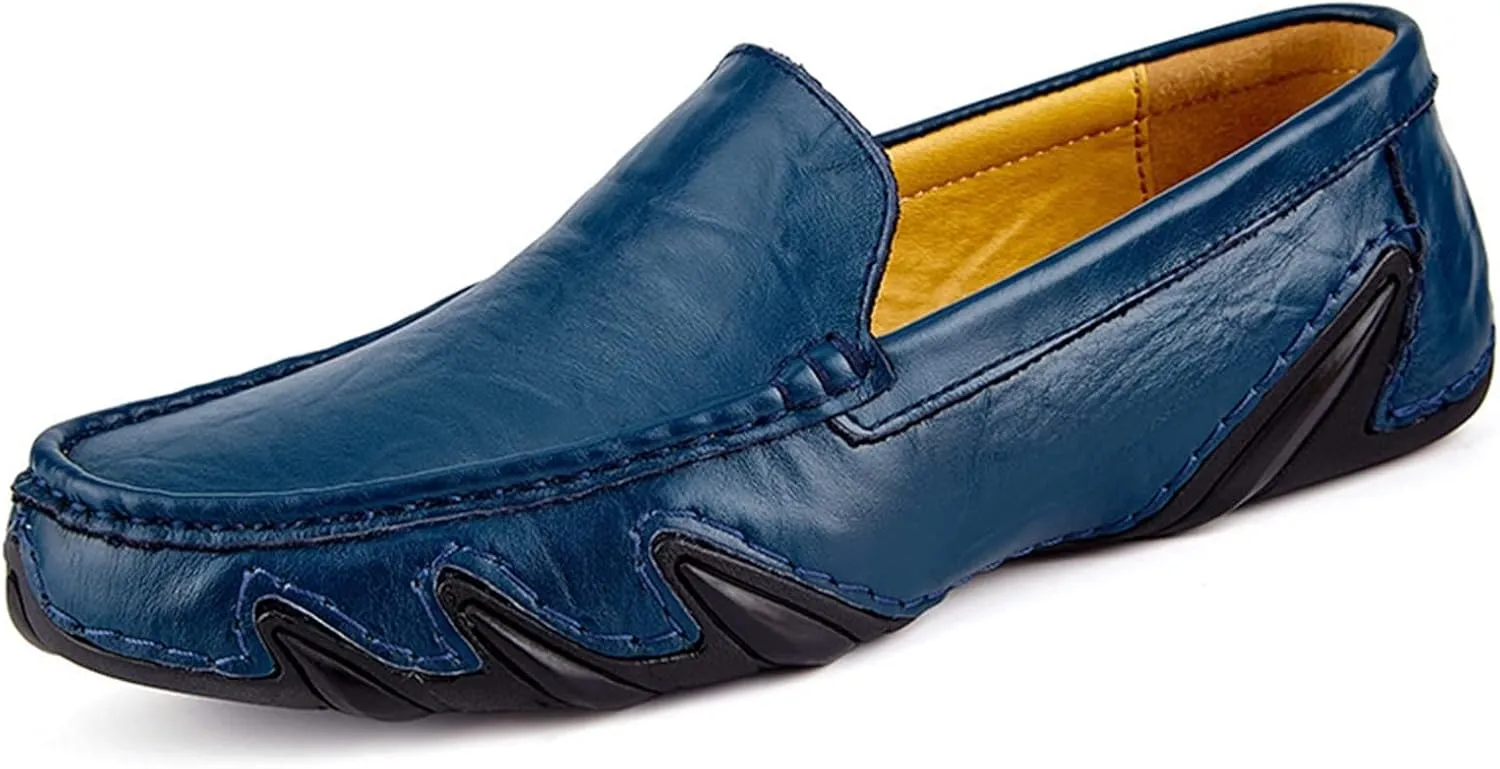 HOOENG Driving Moccasins Loafer Shoes for Men Genuine Leather Round Toe Stitching Details Breathable Perforated Option Resistant Soft Flexible Flat Heel