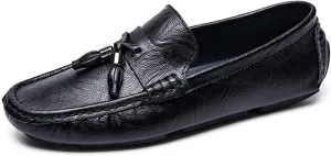 HOOENG Loafers Loafer Shoes Driving Moccasins for Men Tassel Genuine Leather Round Toe Stitching Details Flat Heel Resistant Soft Flexible Comfortable Walking (Color : Black, Size : 7)