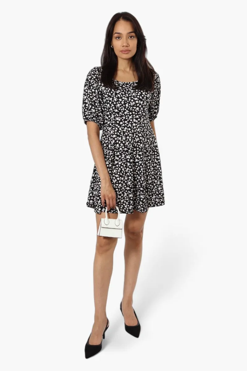 International INC Company Floral Square Neck Day Dress - Black