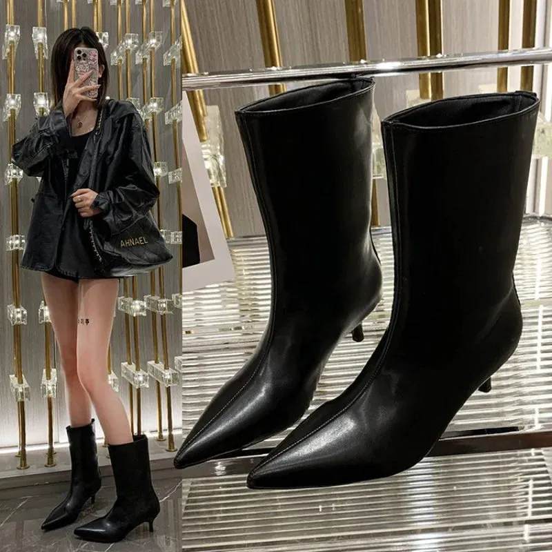 Joskaa 2024 Fashion Sexy Pointed  Low Heels Knee Long Boots Women's Spring/Autumn PU Sewing Party Ball Western Boots 35-40