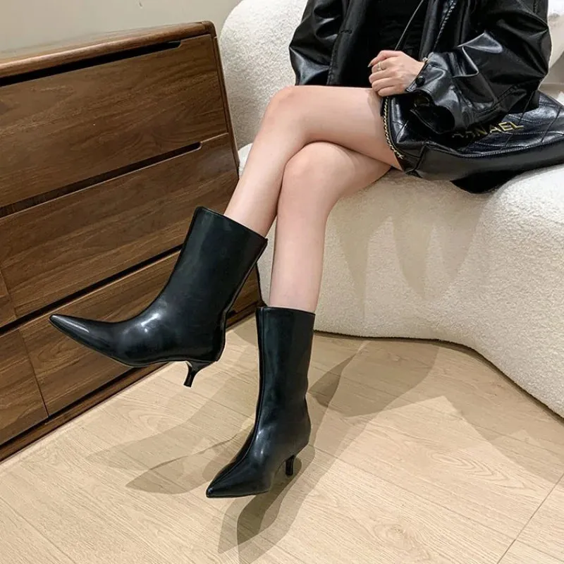 Joskaa 2024 Fashion Sexy Pointed  Low Heels Knee Long Boots Women's Spring/Autumn PU Sewing Party Ball Western Boots 35-40