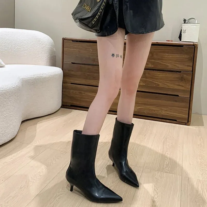 Joskaa 2024 Fashion Sexy Pointed  Low Heels Knee Long Boots Women's Spring/Autumn PU Sewing Party Ball Western Boots 35-40