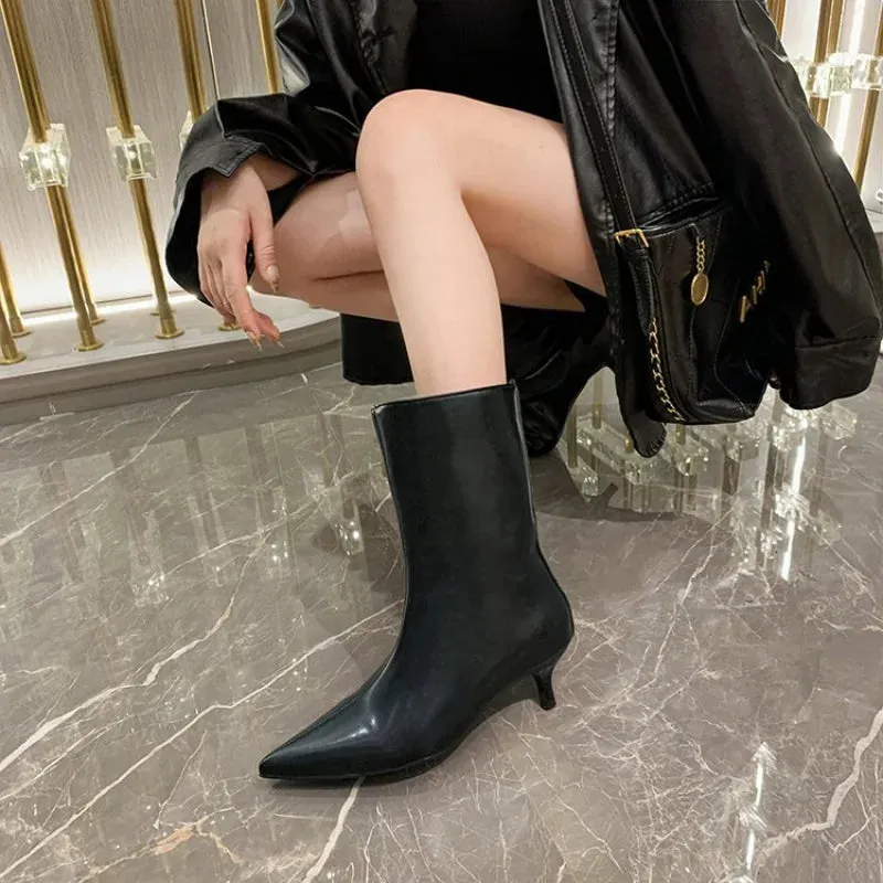 Joskaa 2024 Fashion Sexy Pointed  Low Heels Knee Long Boots Women's Spring/Autumn PU Sewing Party Ball Western Boots 35-40