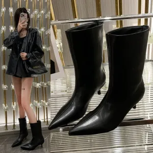 Joskaa 2024 Fashion Sexy Pointed  Low Heels Knee Long Boots Women's Spring/Autumn PU Sewing Party Ball Western Boots 35-40