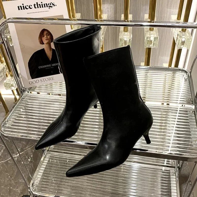 Joskaa 2024 Fashion Sexy Pointed  Low Heels Knee Long Boots Women's Spring/Autumn PU Sewing Party Ball Western Boots 35-40