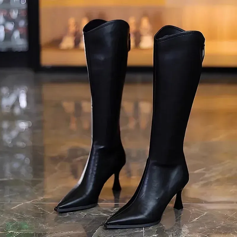 Joskaa Design Pointed Toe Women Knee-High Boots Designer Party Dress Street Long Booties Thin Low Heels Shoes