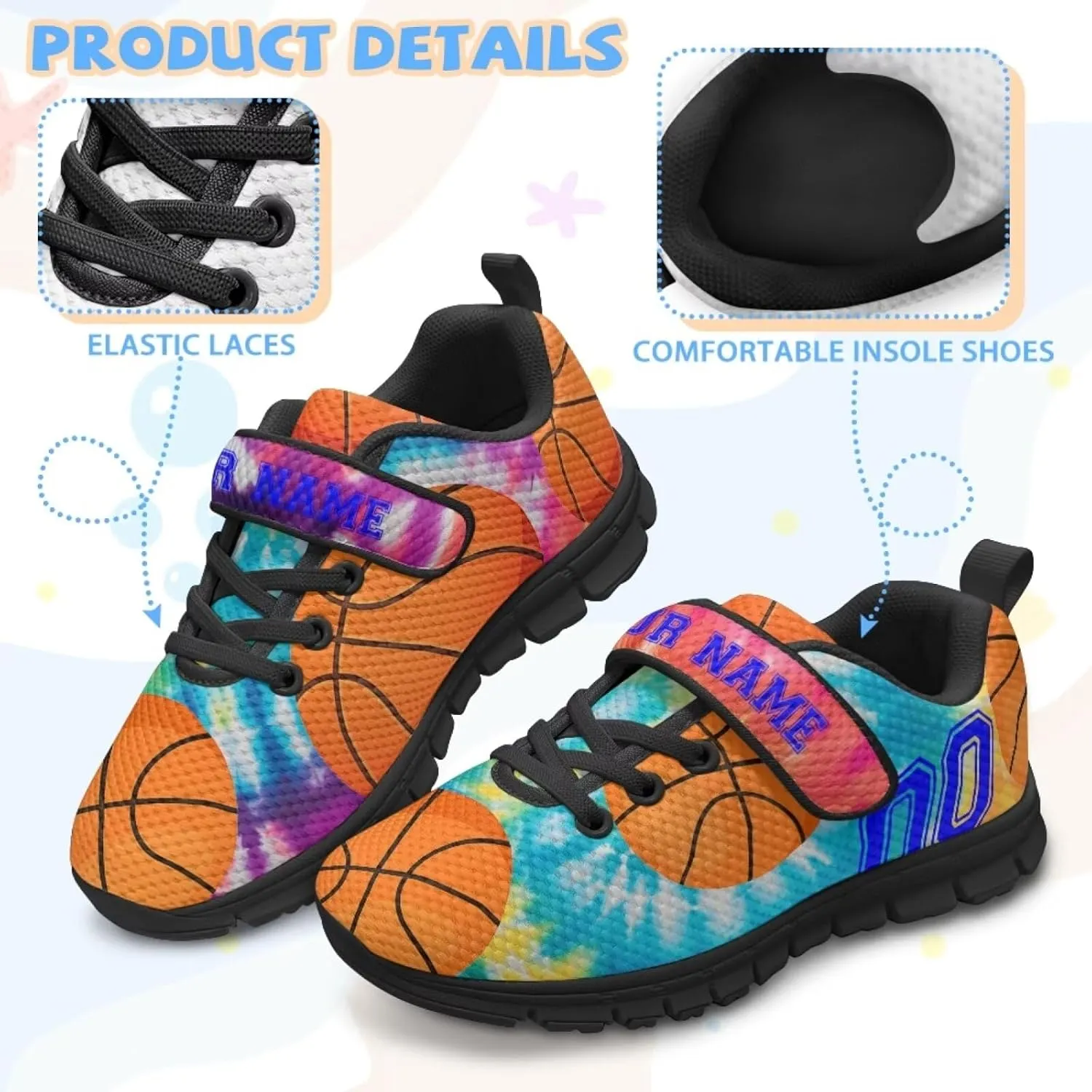 Kids Custom Shoes for Boys Basketball Print Low Top Mesh Athletic Shoes with Hook and Loops US 11-2.5