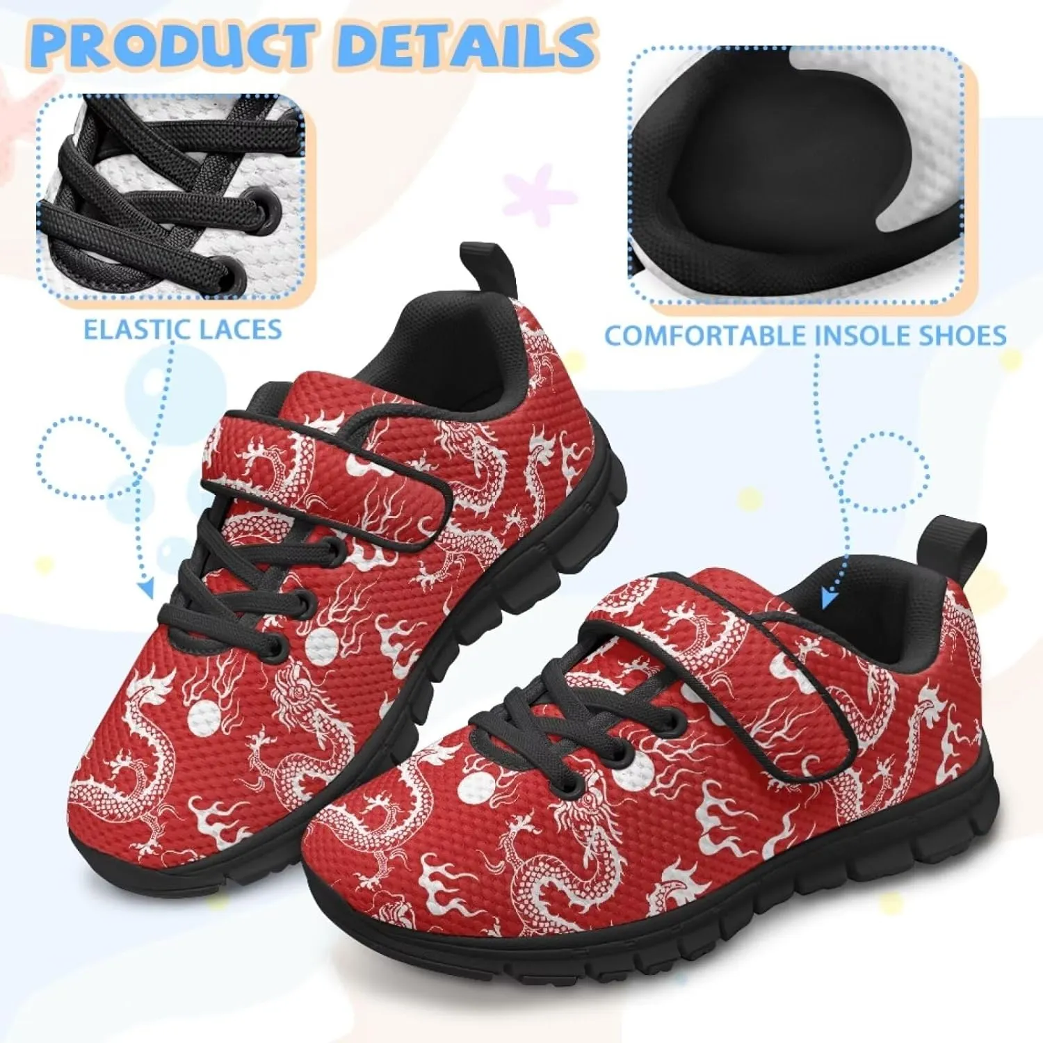 Kids Sneakers Boys Cool Print Running Tennis Shoes Lightweight Breathable Sport Athletic Shoes with One Strap