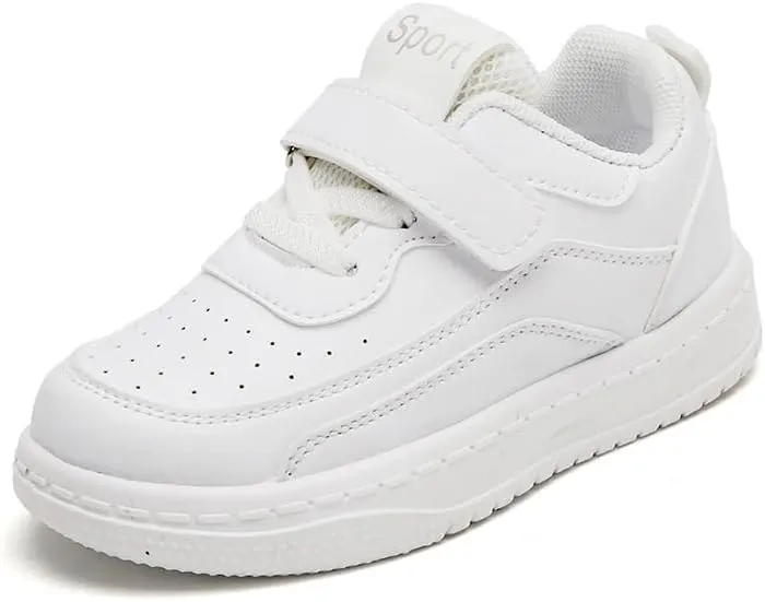Kids White Sport Sneakers with Hook and Loop Strap, Breathable Athletic Shoes