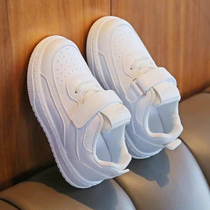 Kids White Sport Sneakers with Hook and Loop Strap, Breathable Athletic Shoes