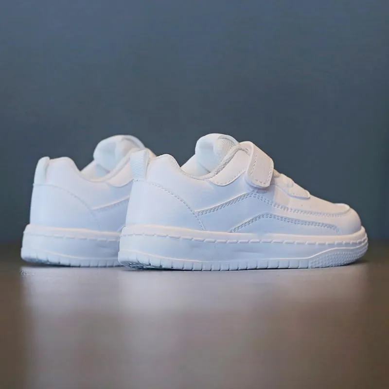 Kids White Sport Sneakers with Hook and Loop Strap, Breathable Athletic Shoes