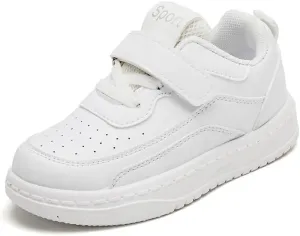 Kids White Sport Sneakers with Hook and Loop Strap, Breathable Athletic Shoes