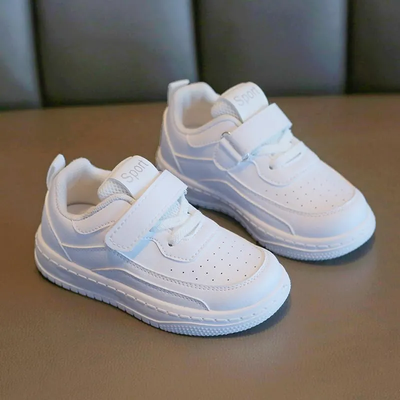 Kids White Sport Sneakers with Hook and Loop Strap, Breathable Athletic Shoes