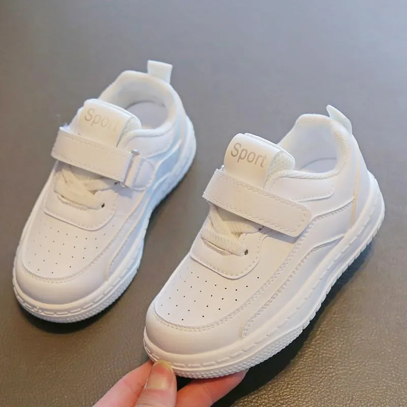 Kids White Sport Sneakers with Hook and Loop Strap, Breathable Athletic Shoes