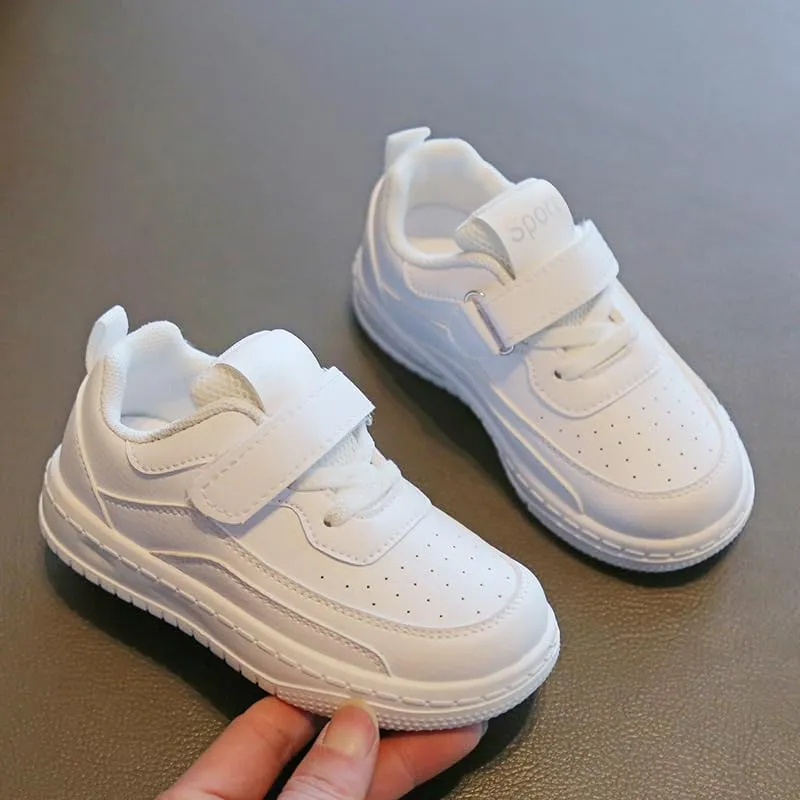 Kids White Sport Sneakers with Hook and Loop Strap, Breathable Athletic Shoes