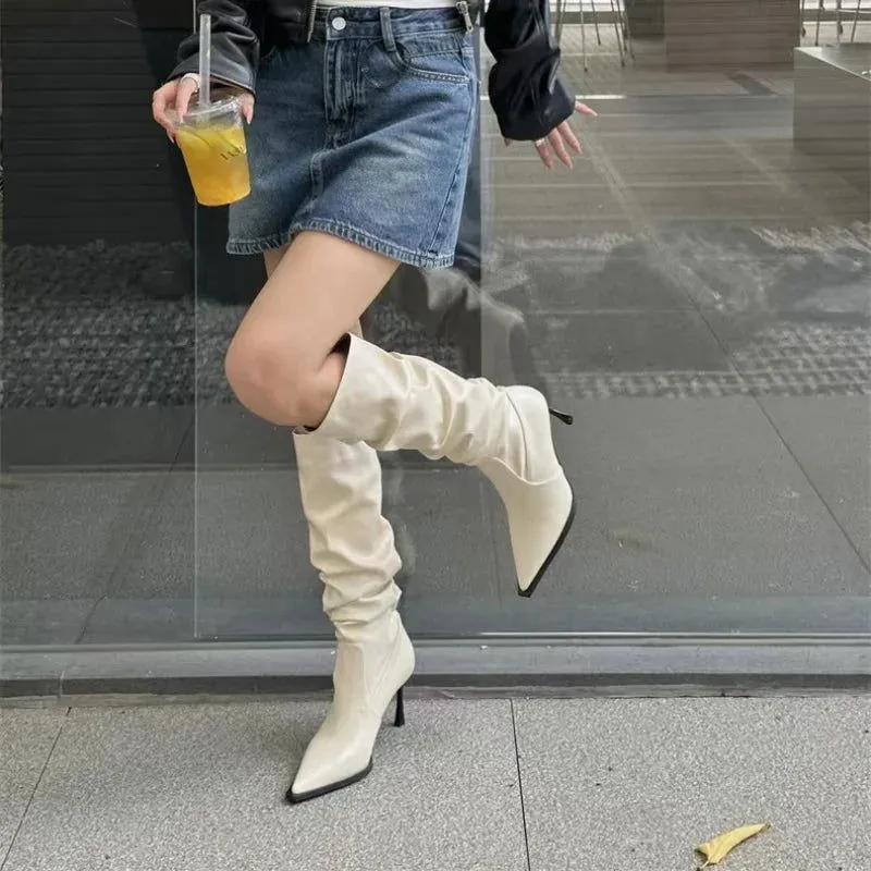 Knee High Pointed Toe Slip-On High Heels Boots