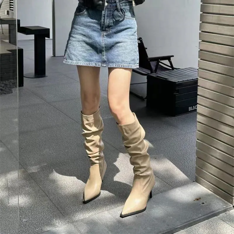 Knee High Pointed Toe Slip-On High Heels Boots