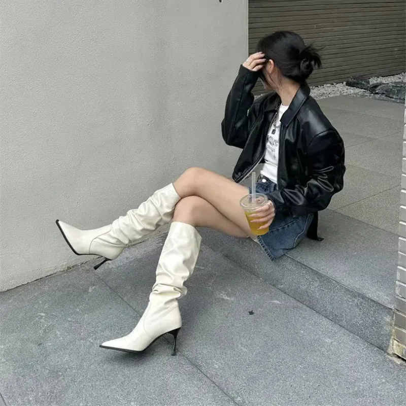 Knee High Pointed Toe Slip-On High Heels Boots