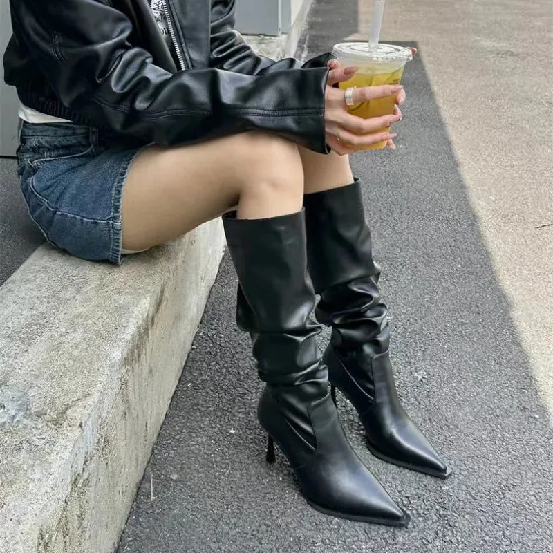 Knee High Pointed Toe Slip-On High Heels Boots
