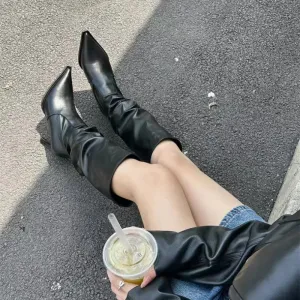 Knee High Pointed Toe Slip-On High Heels Boots