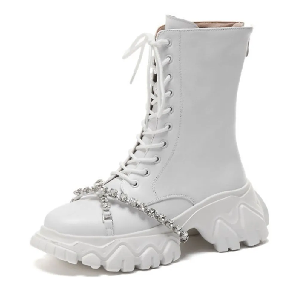 Ladies Fashion Rhinestone Sport Ankle Booties Thick Bottom Lace Up