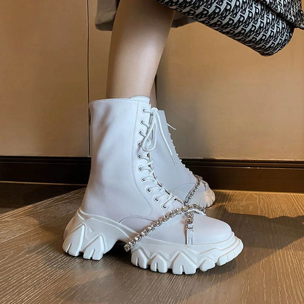 Ladies Fashion Rhinestone Sport Ankle Booties Thick Bottom Lace Up