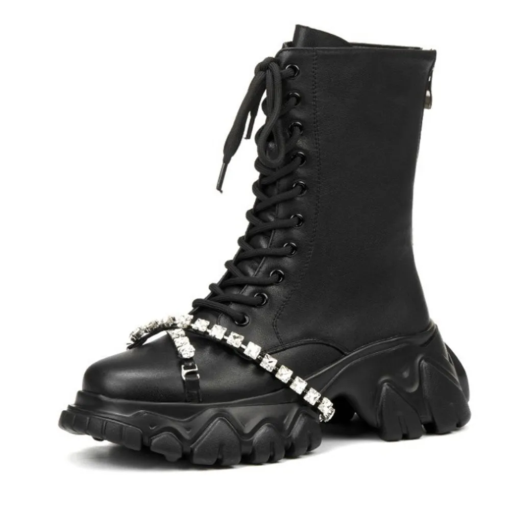 Ladies Fashion Rhinestone Sport Ankle Booties Thick Bottom Lace Up