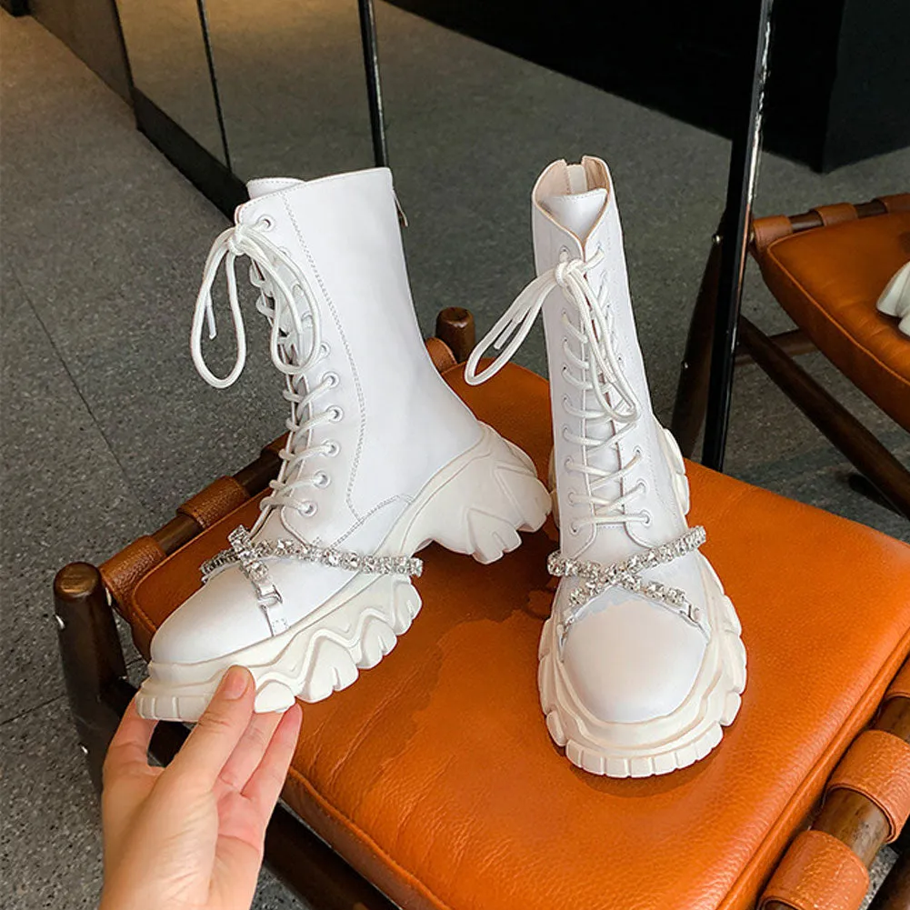 Ladies Fashion Rhinestone Sport Ankle Booties Thick Bottom Lace Up