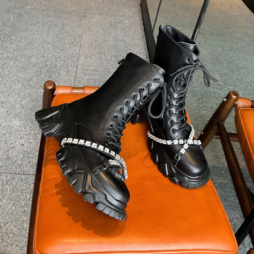 Ladies Fashion Rhinestone Sport Ankle Booties Thick Bottom Lace Up