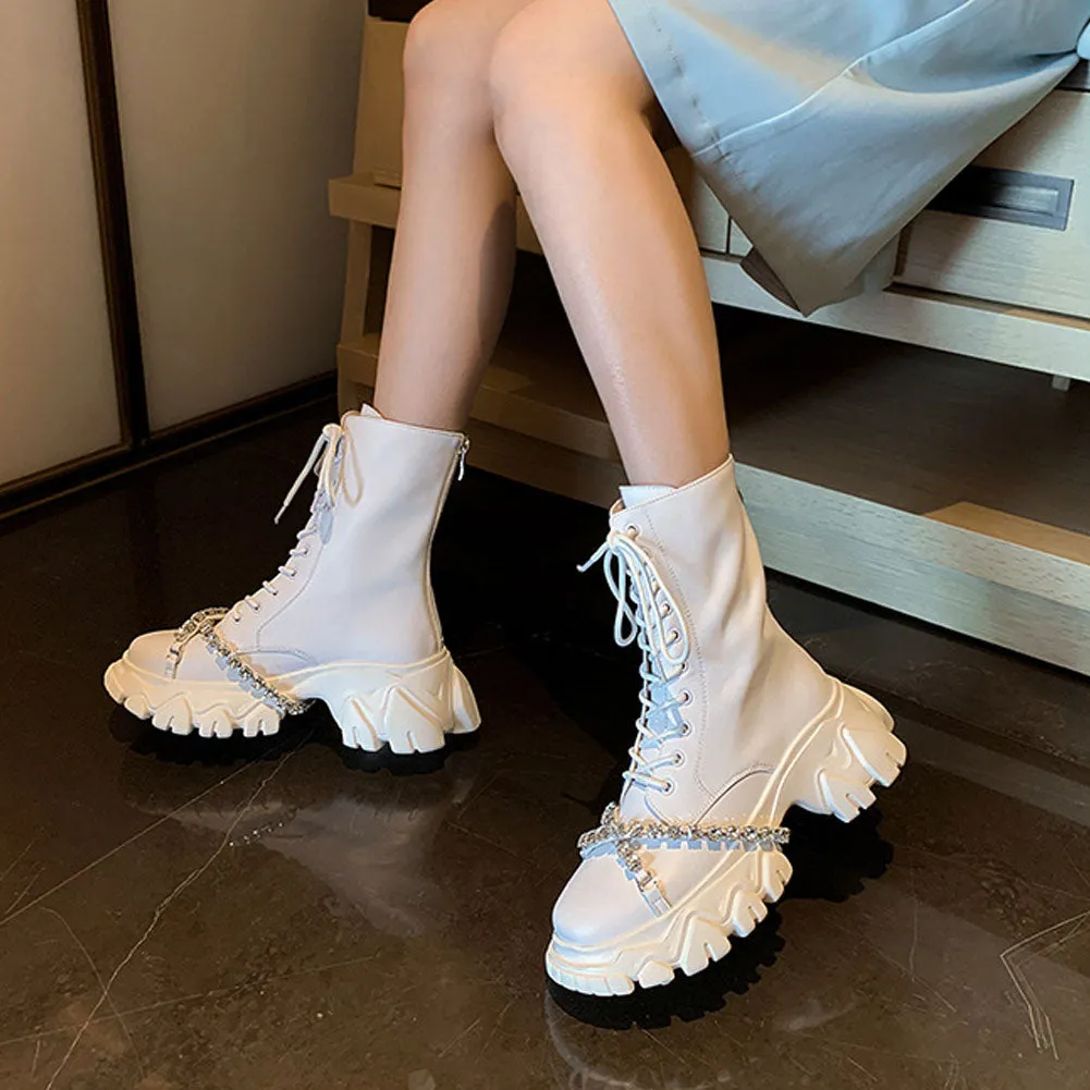 Ladies Fashion Rhinestone Sport Ankle Booties Thick Bottom Lace Up