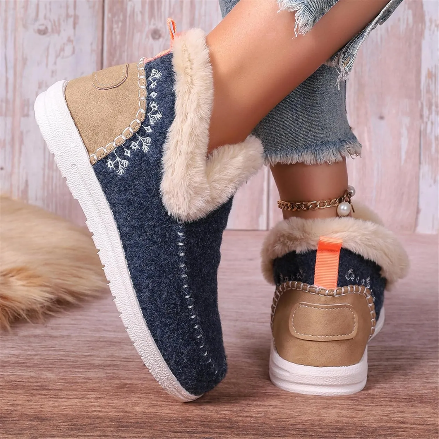 Ladmiple Boots For Women Ankle Booties Winter Casual Slip-on Warm Loafers Shoes Fur-Lined Comfortable Lightweight Snow Boots