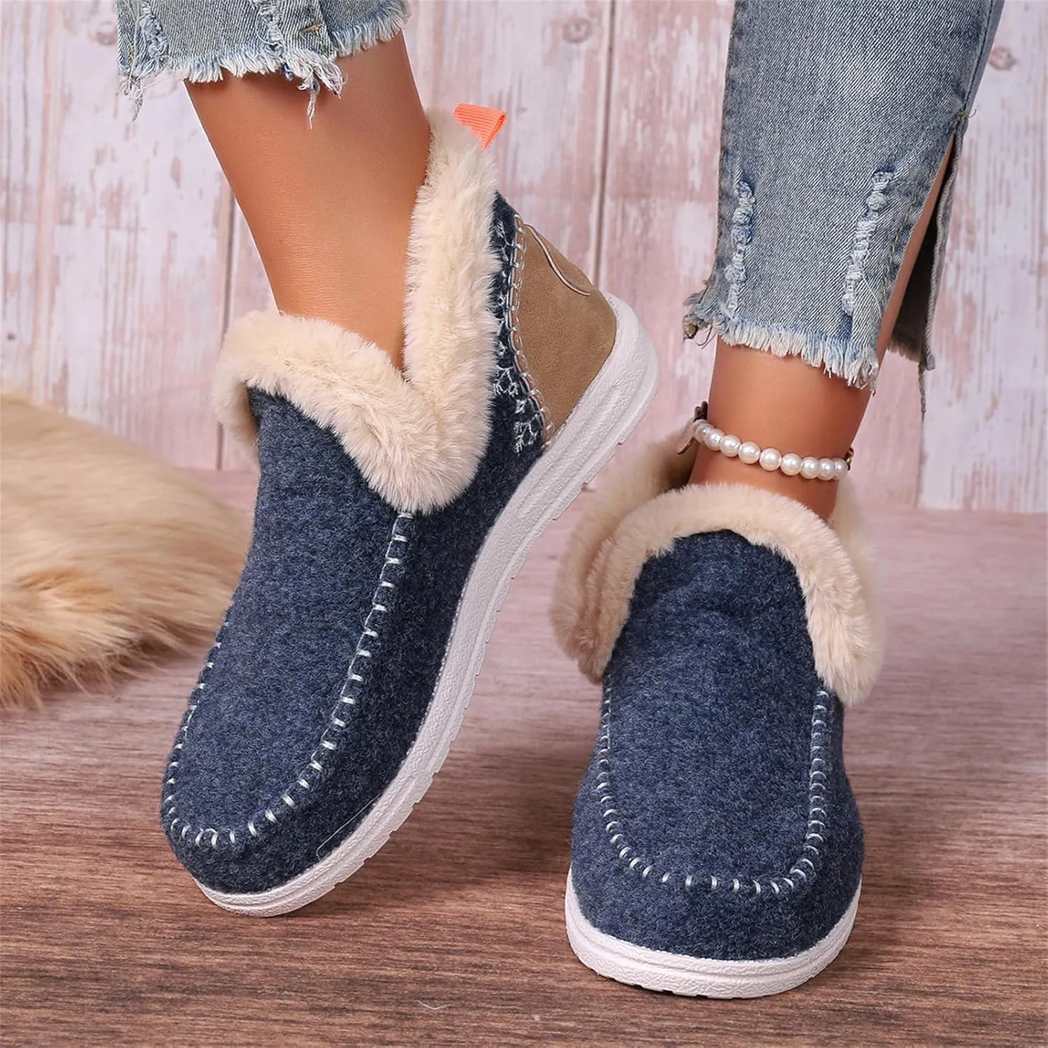 Ladmiple Boots For Women Ankle Booties Winter Casual Slip-on Warm Loafers Shoes Fur-Lined Comfortable Lightweight Snow Boots