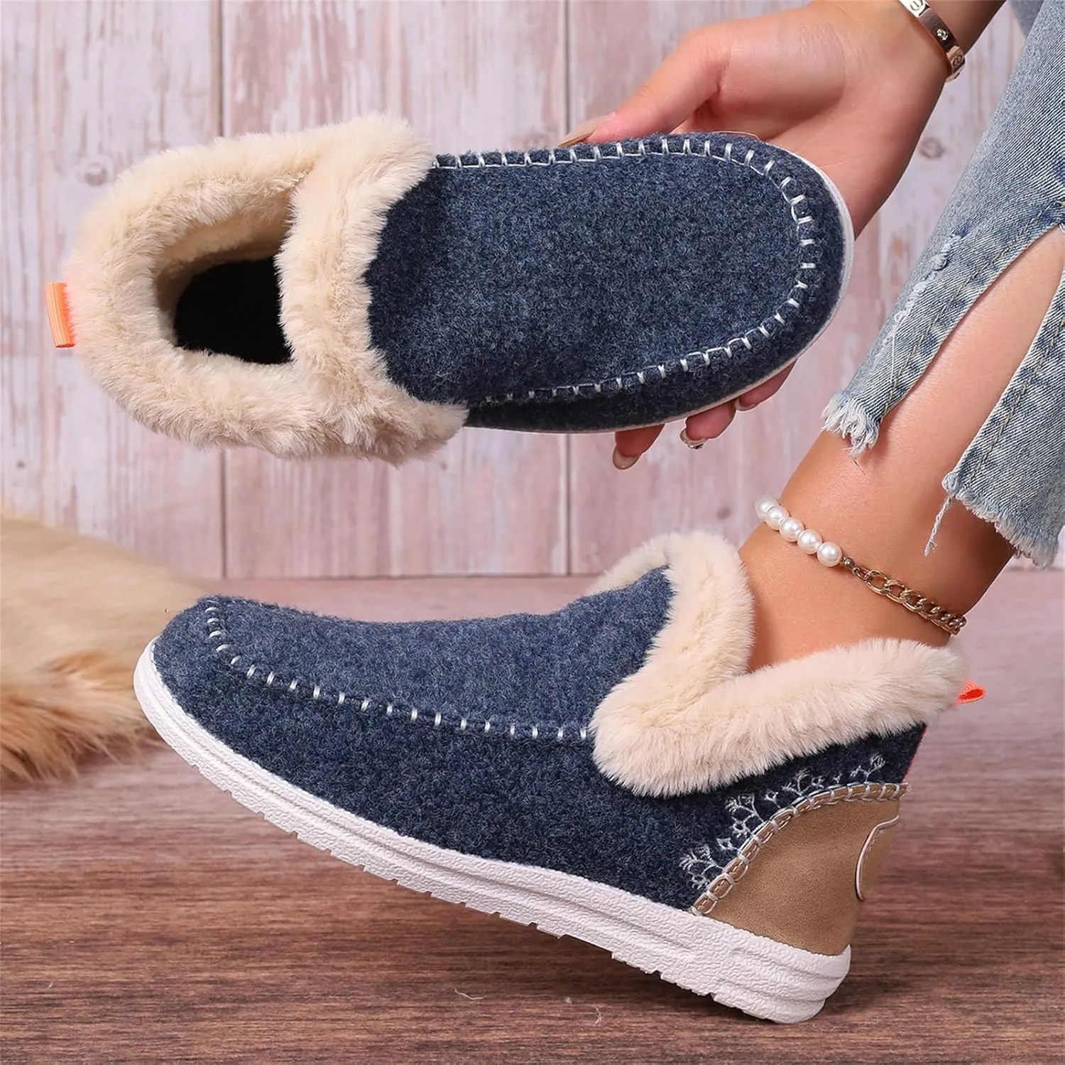 Ladmiple Boots For Women Ankle Booties Winter Casual Slip-on Warm Loafers Shoes Fur-Lined Comfortable Lightweight Snow Boots